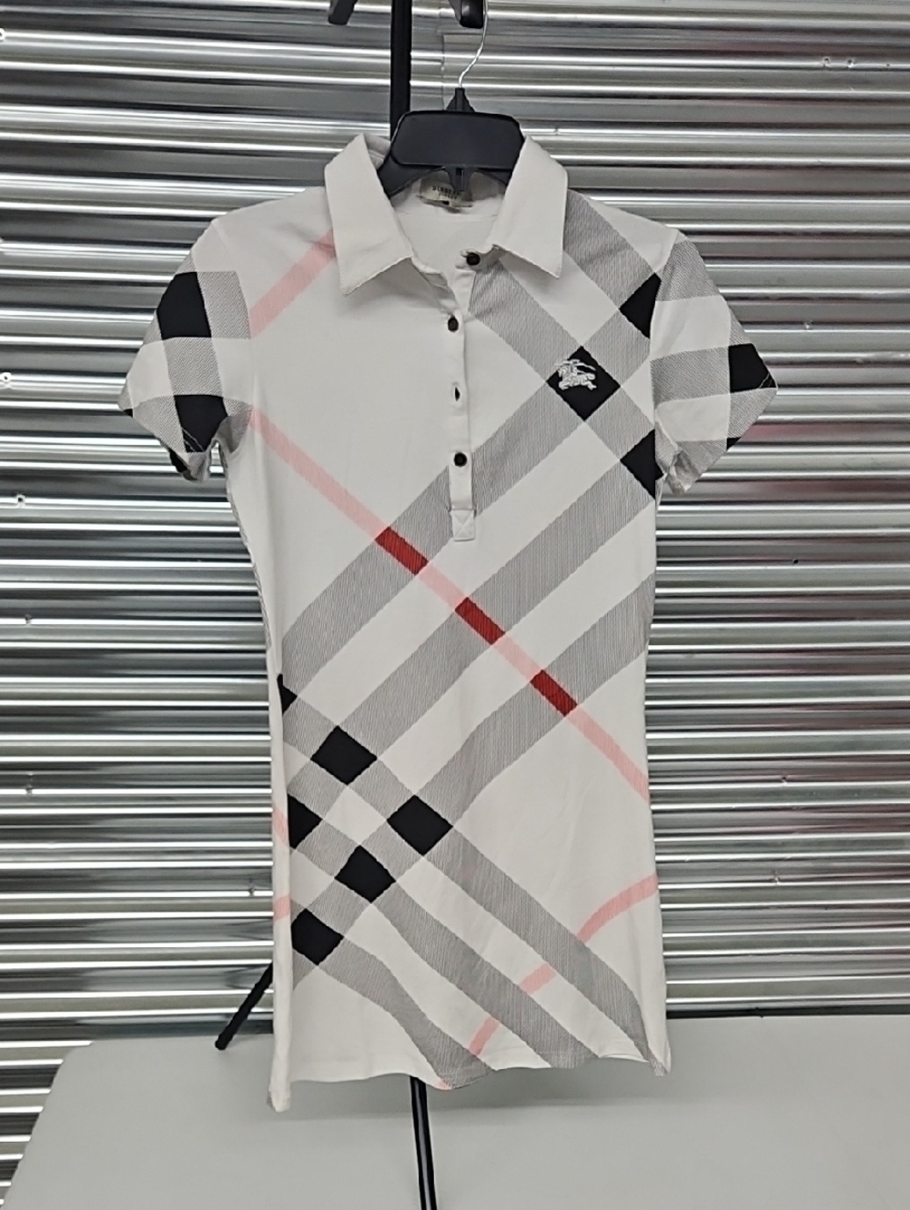 Burberry White Plaid Polo Dress with Black, Gray and Pink Accents